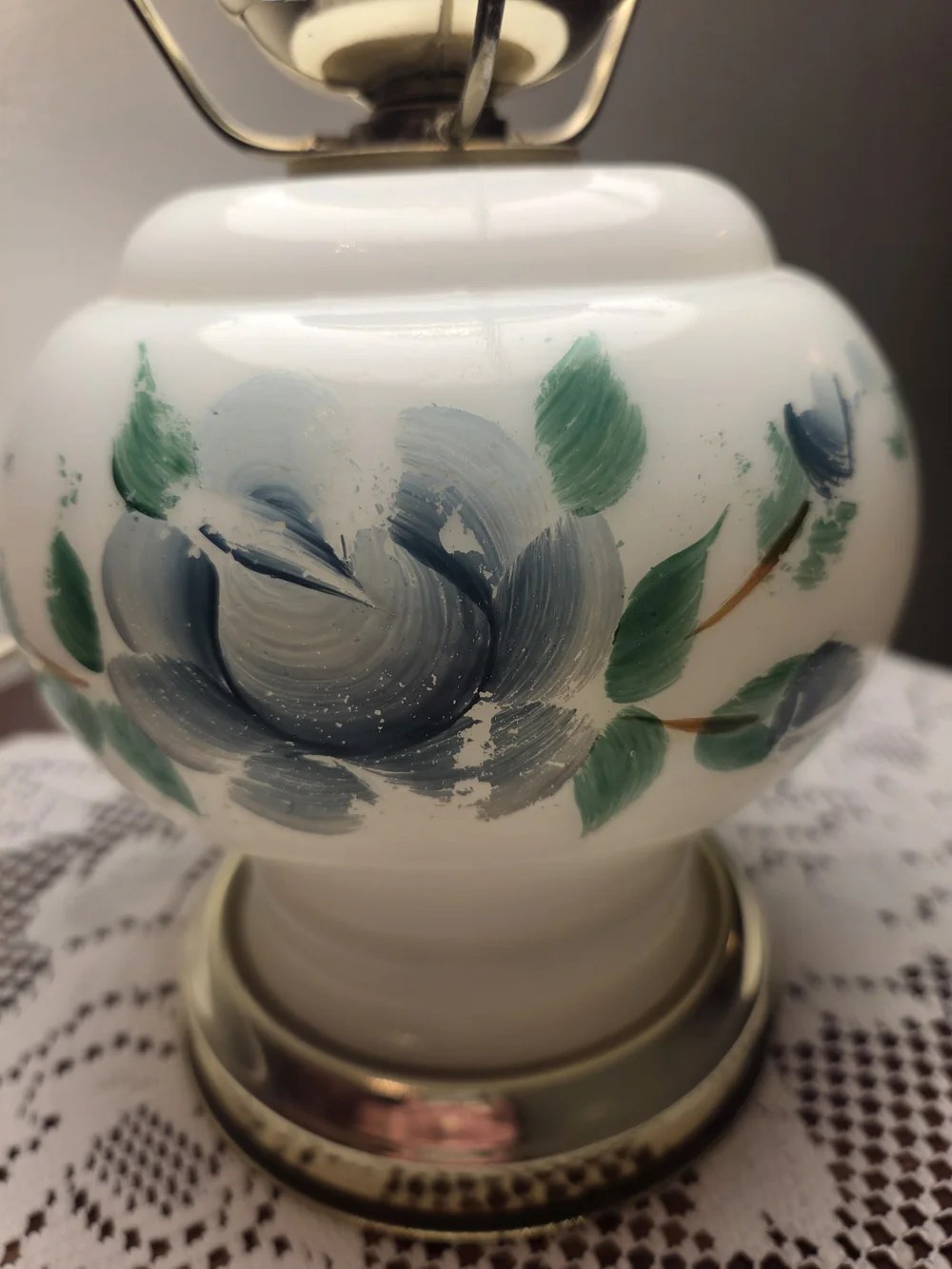 Vintage Hurricane Lamp Milk Glass Hand-Painted Blue Roses Cottage Grandma